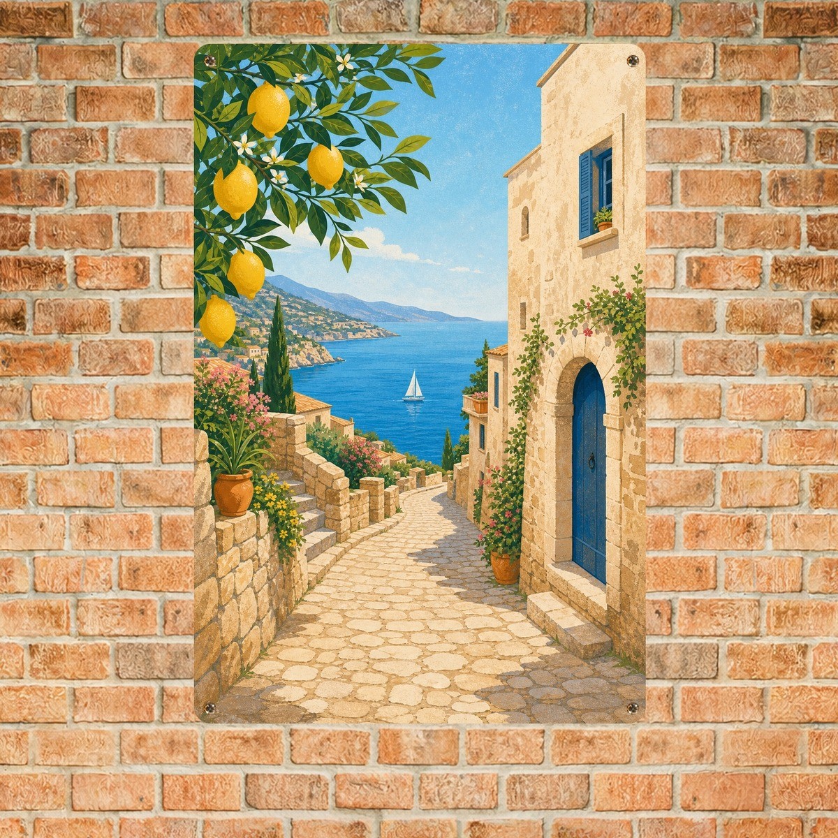 White Buildings Blue Doors Mediterranean Street Scene Metal Tin Sign Art