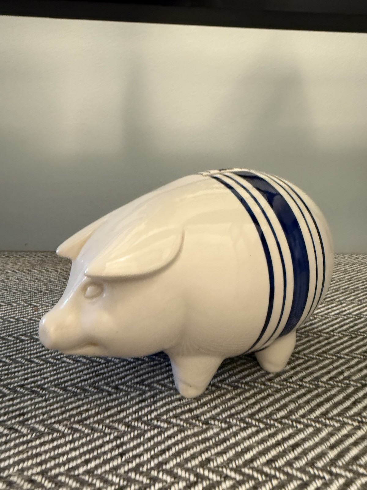 Vtg Ralph Lauren Farmstead Ticking Ironstone Blue Stripe PIGGY Bank Made ENGLAND