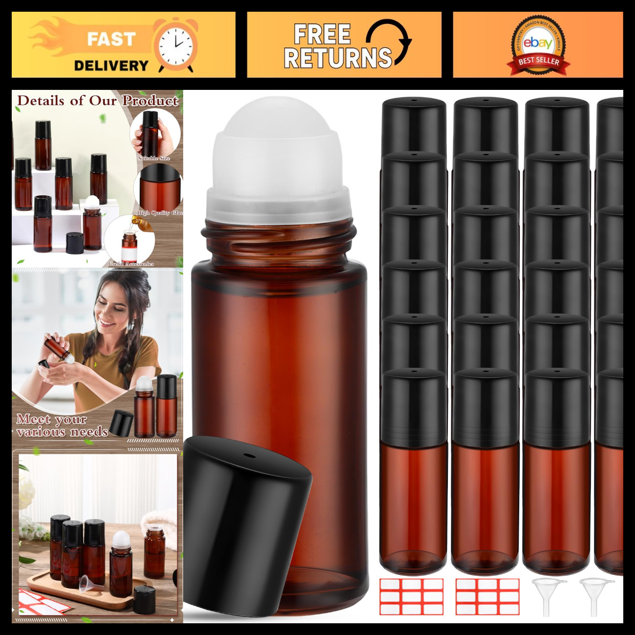 Sumind 24 Pcs 50ml Glass Roller Bottles for Essential Oil, Brown