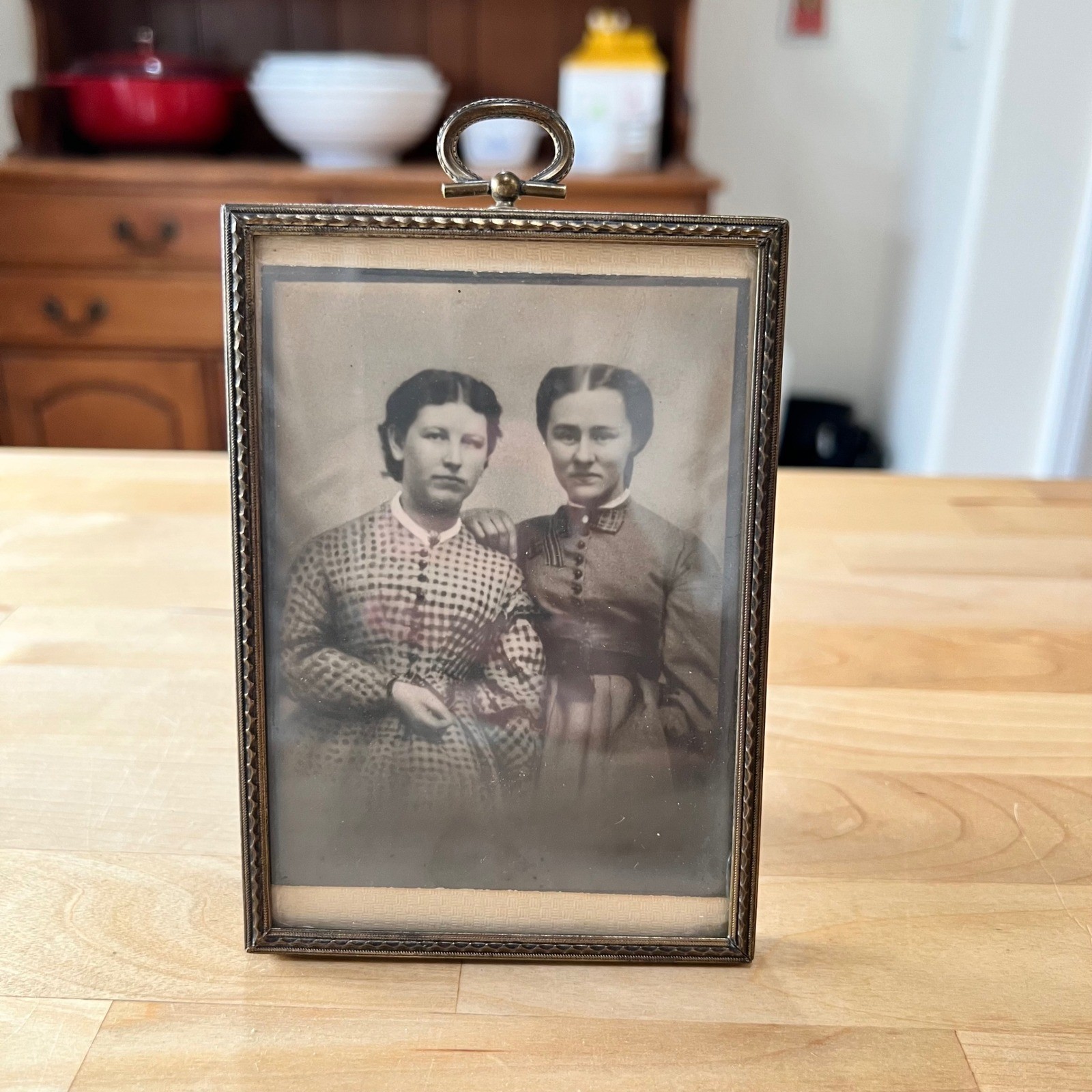 Antique 1860s Tintype Photo Two Women Boarding School CT Brass Frame Identified