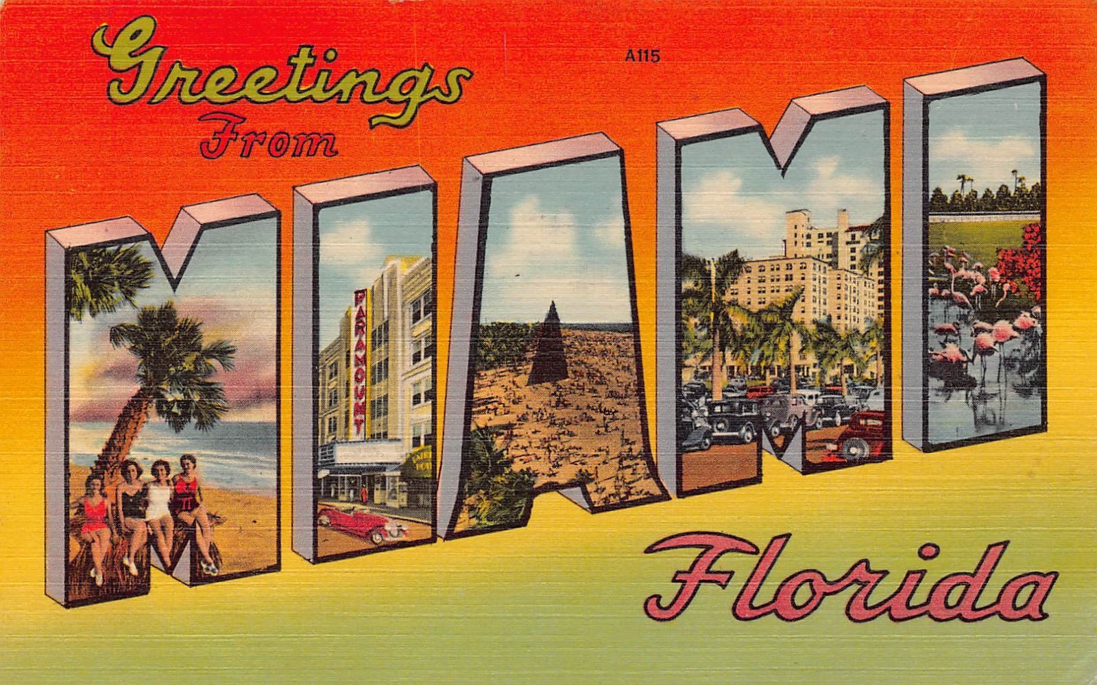 1943 Miami Florida FL Greetings From Large Letter A115 Linen Postcard