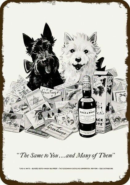 1952 BLACK & WHITE SCOTCH Westie Scotty Christmas DECORATIVE REPLICA METAL SIGN