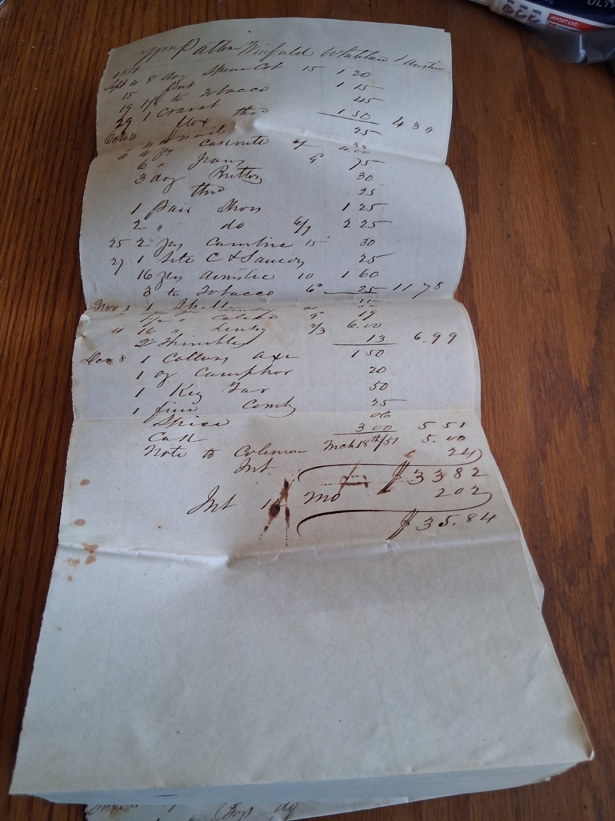 Rare 1851 Plantation Account Ledger / Statement Document – Winfield, Whitlock &
