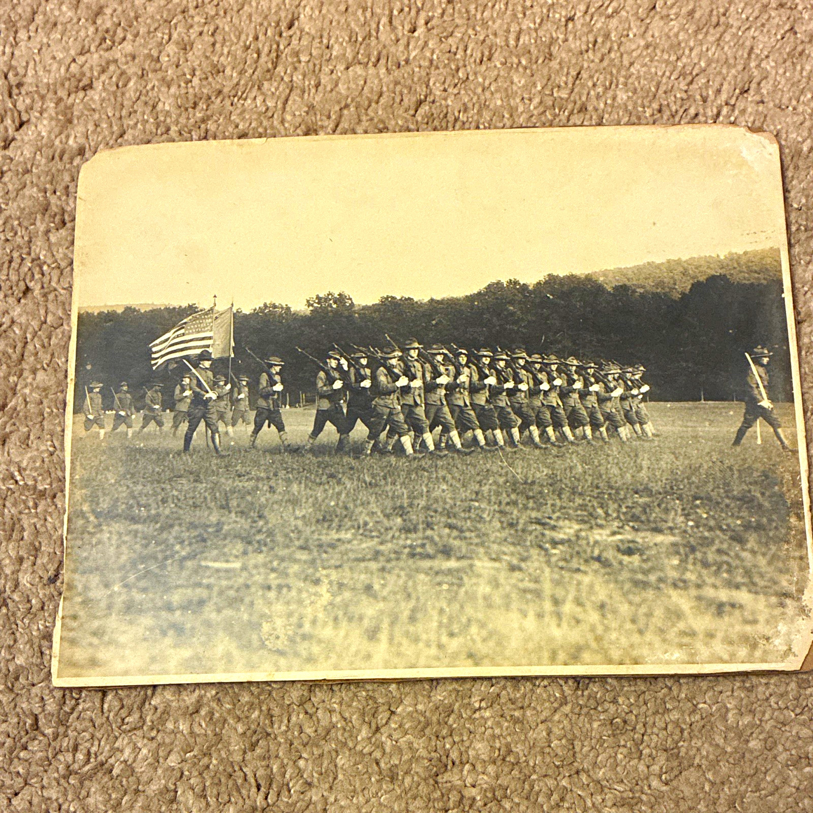 Vintage Original Black & White Military Men Marching w/ American Flag Photo