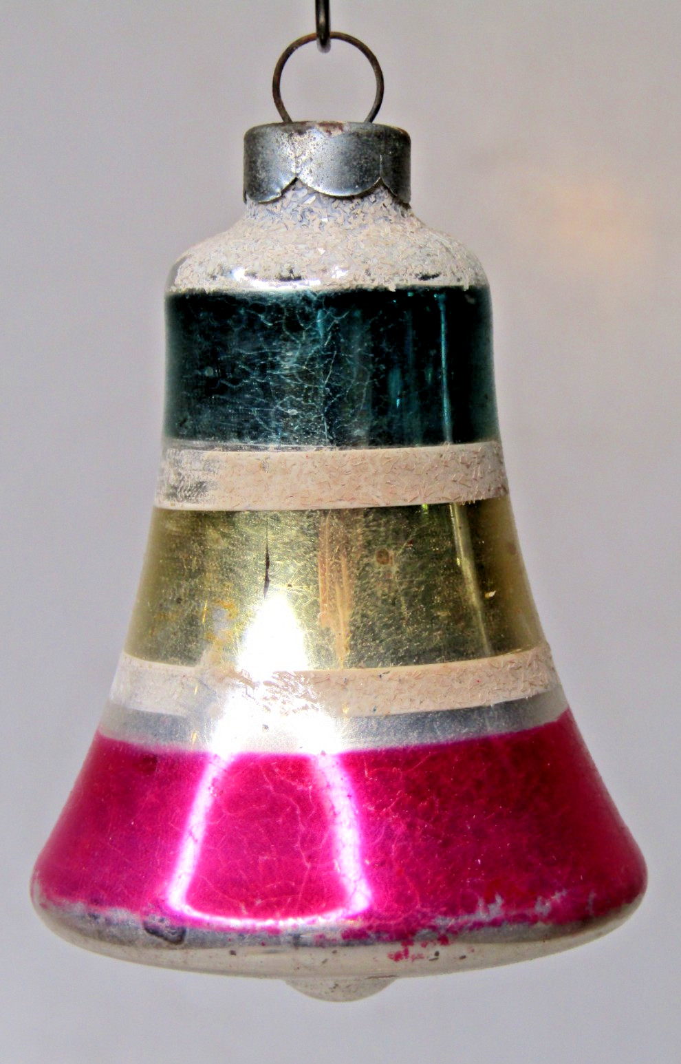 VTG Glass Frosted Mica Striped Tricolor BELL Christmas Ornament Franke