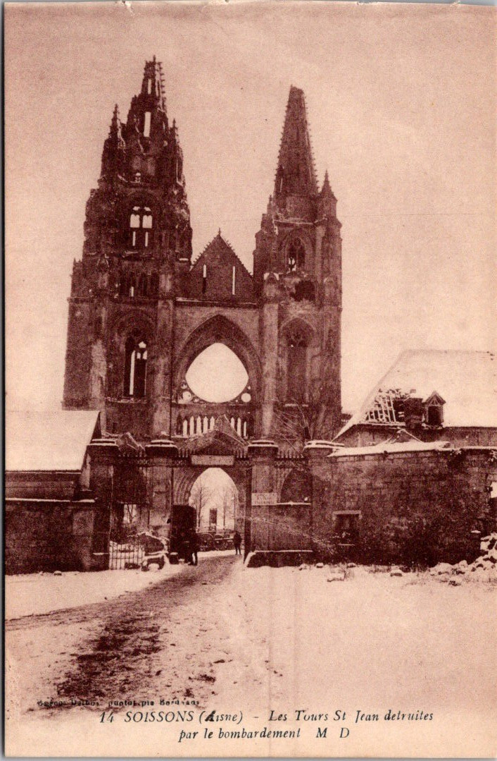 WWI Soissons France – Ruins of St Jean Towers Bombardment Collotype Postcard