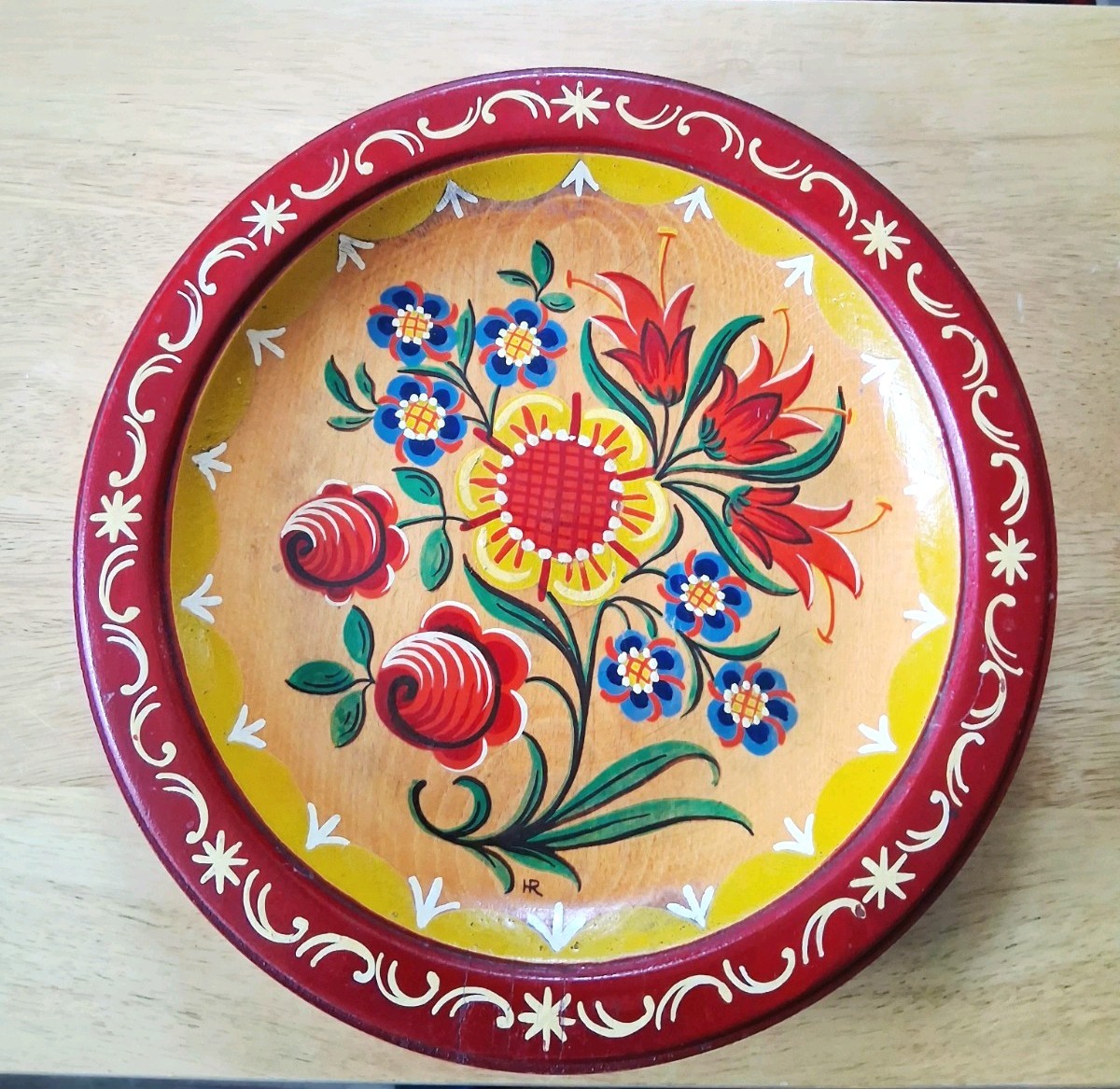 Vtg Norwegian Rosemaling Hand-Painted Wood Plate Nordic Folk Art  11.5\