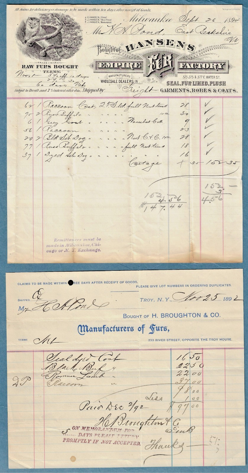 1894 Fur Factory Invoice Milwaukee WI Russian Buffalo Siberian Dog Raccoon Coat