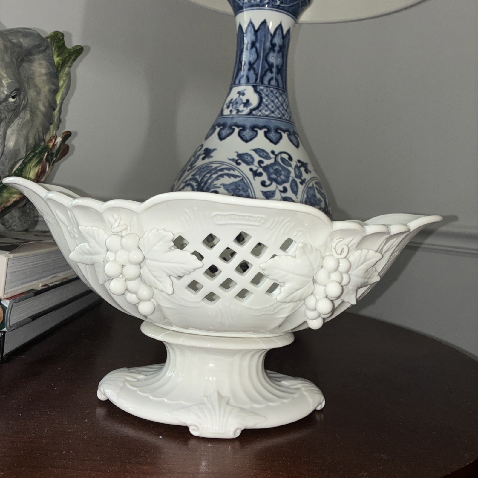 Vintage Arco white milk glass footed compote bowl with 3D grapes & leaves