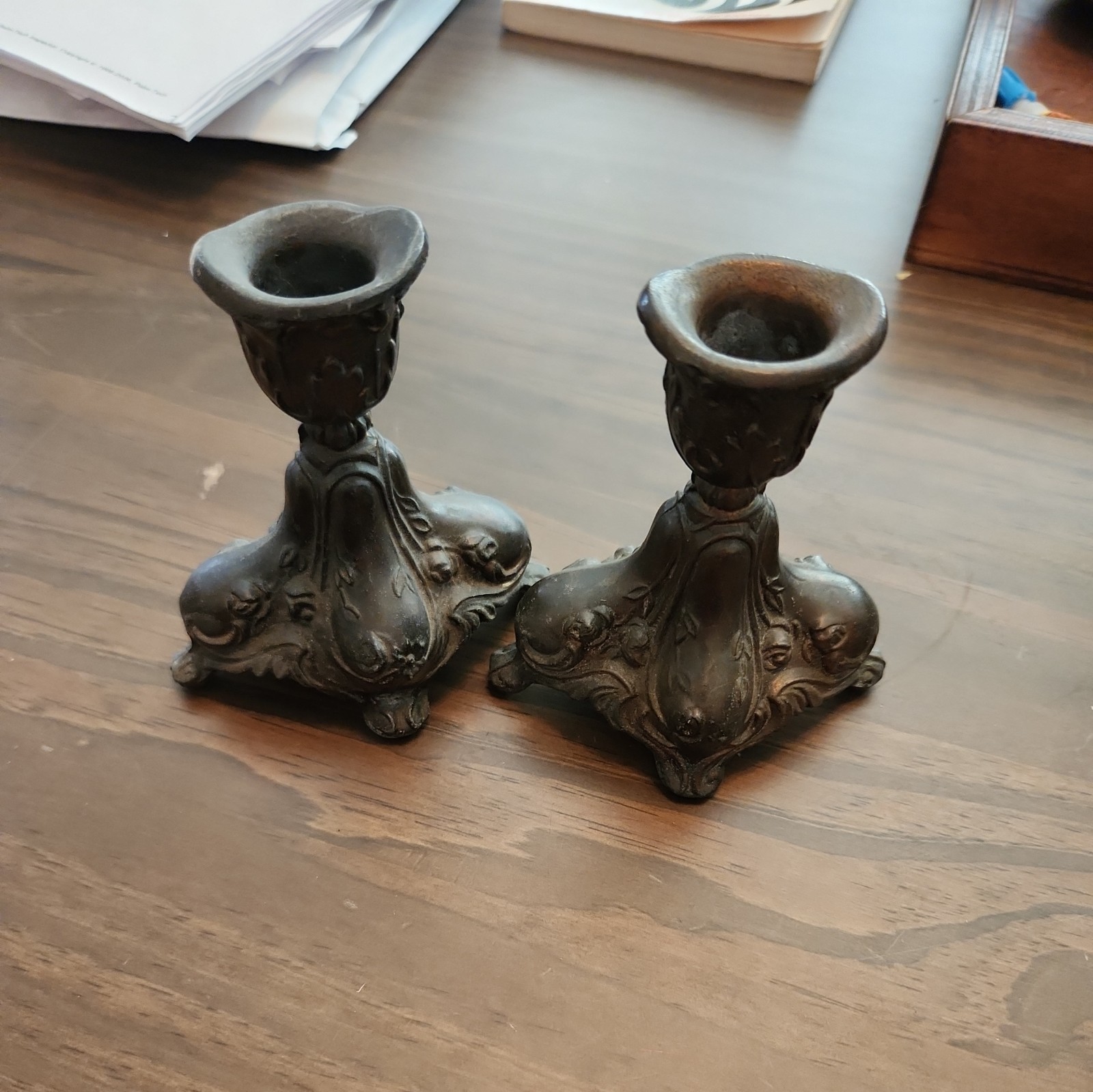 Pair 2 Antique Victorian Candlestick Holders Bronze Patina Floral Bobeche