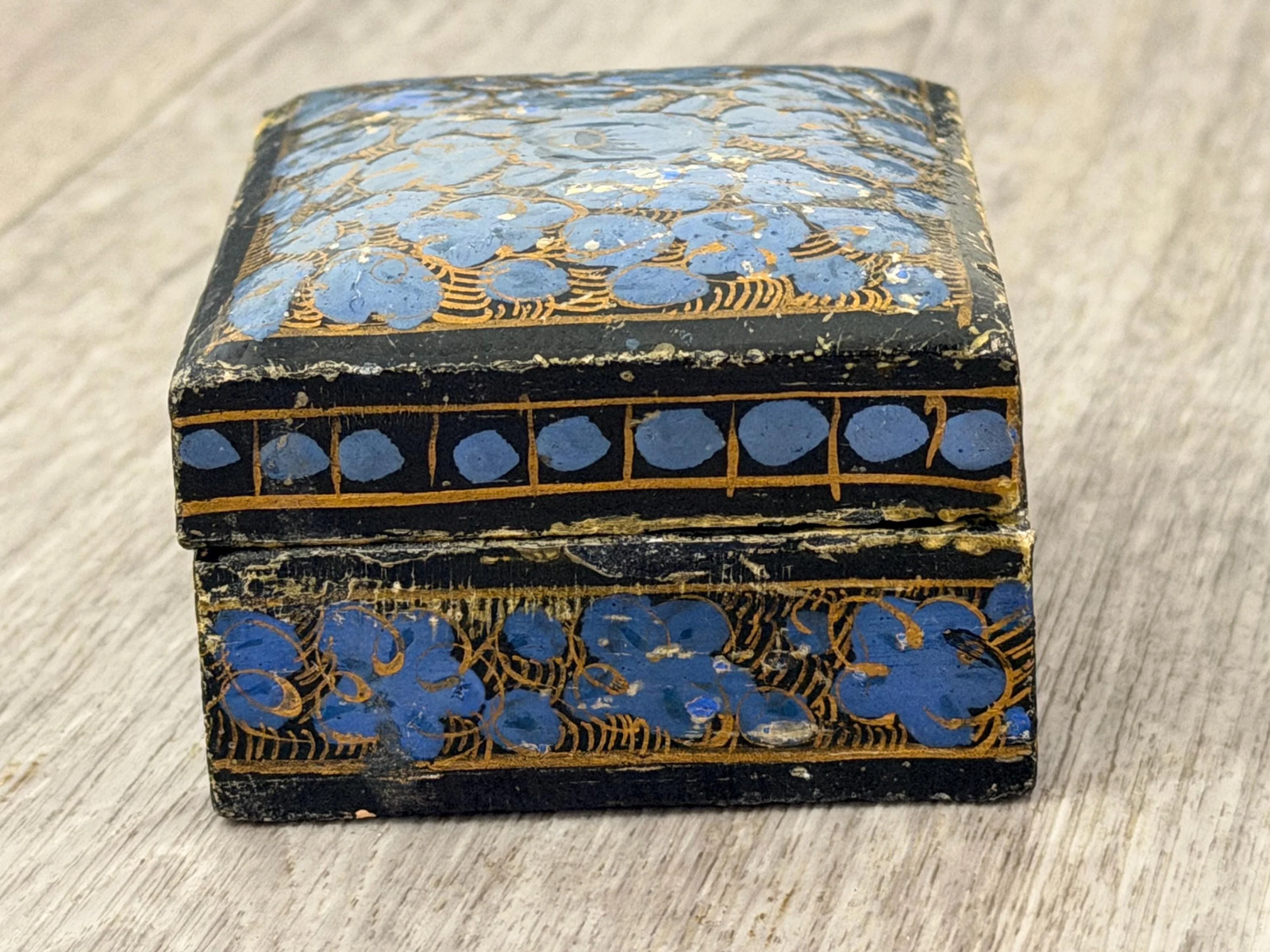 Vintage HandPainted Kashmir Floral Trinket Box  Blue & Gold Folk Art Decor