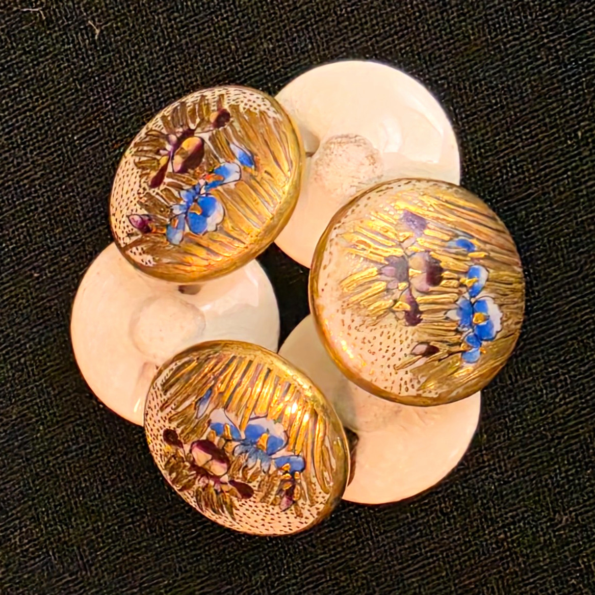 Antique Satsuma Porcelain Buttons. Set of 4 Hand Painted Iris Flower Meiji Japan