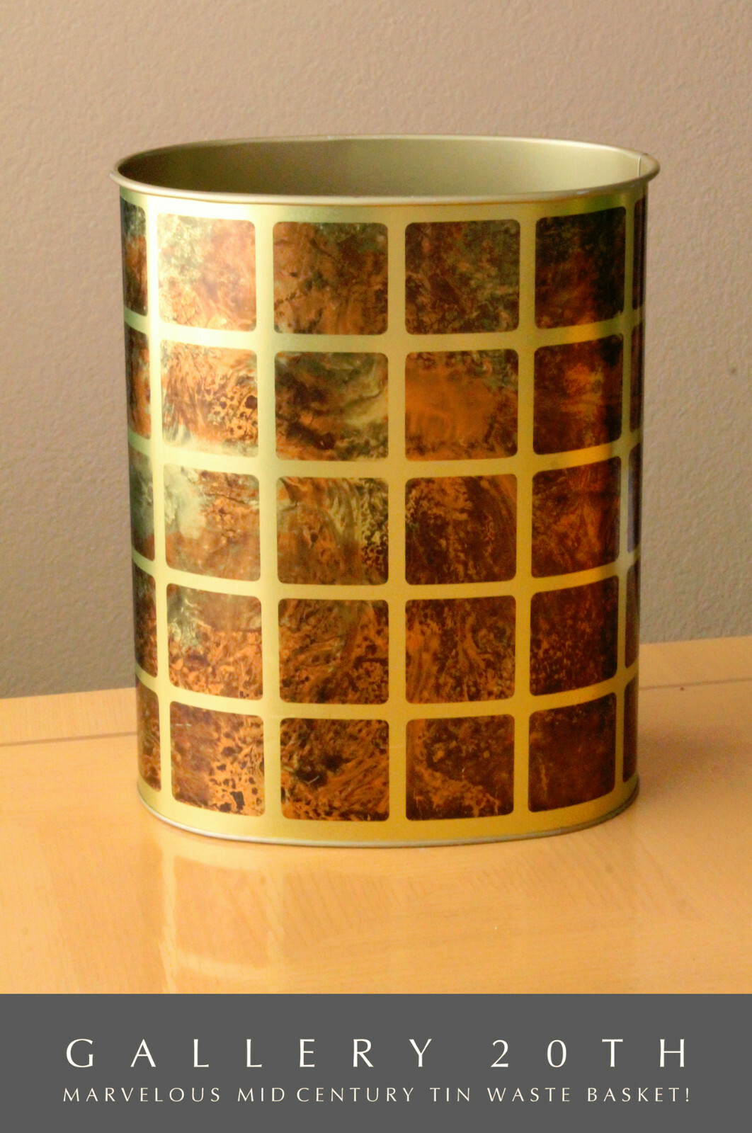 RARE & COOL FAUX BURLWOOD TIN WASTEBASKET 50s 60s GOLD VTG MID CENTURY MODERN