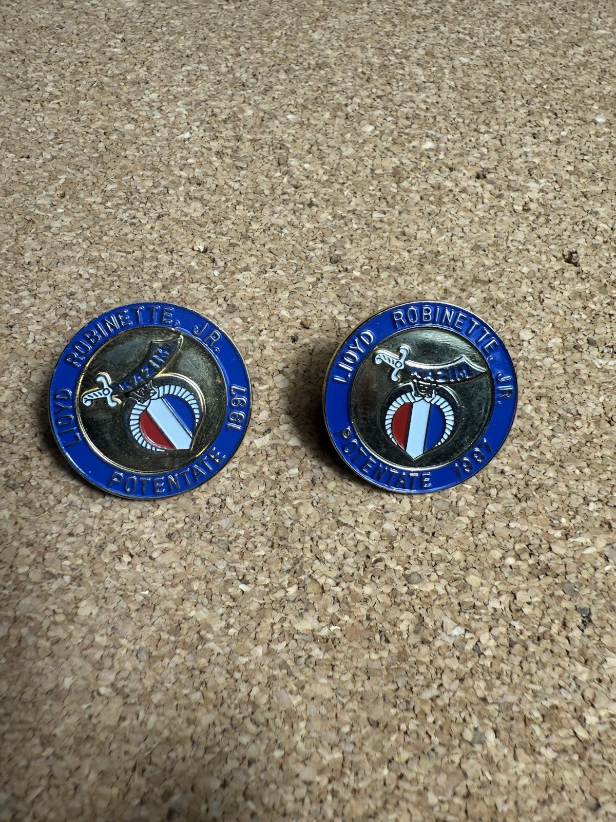Vintage 1987 Kazim Shriners Masonic Pins Lot of 2 Lloyd Robinette Jr Potentate