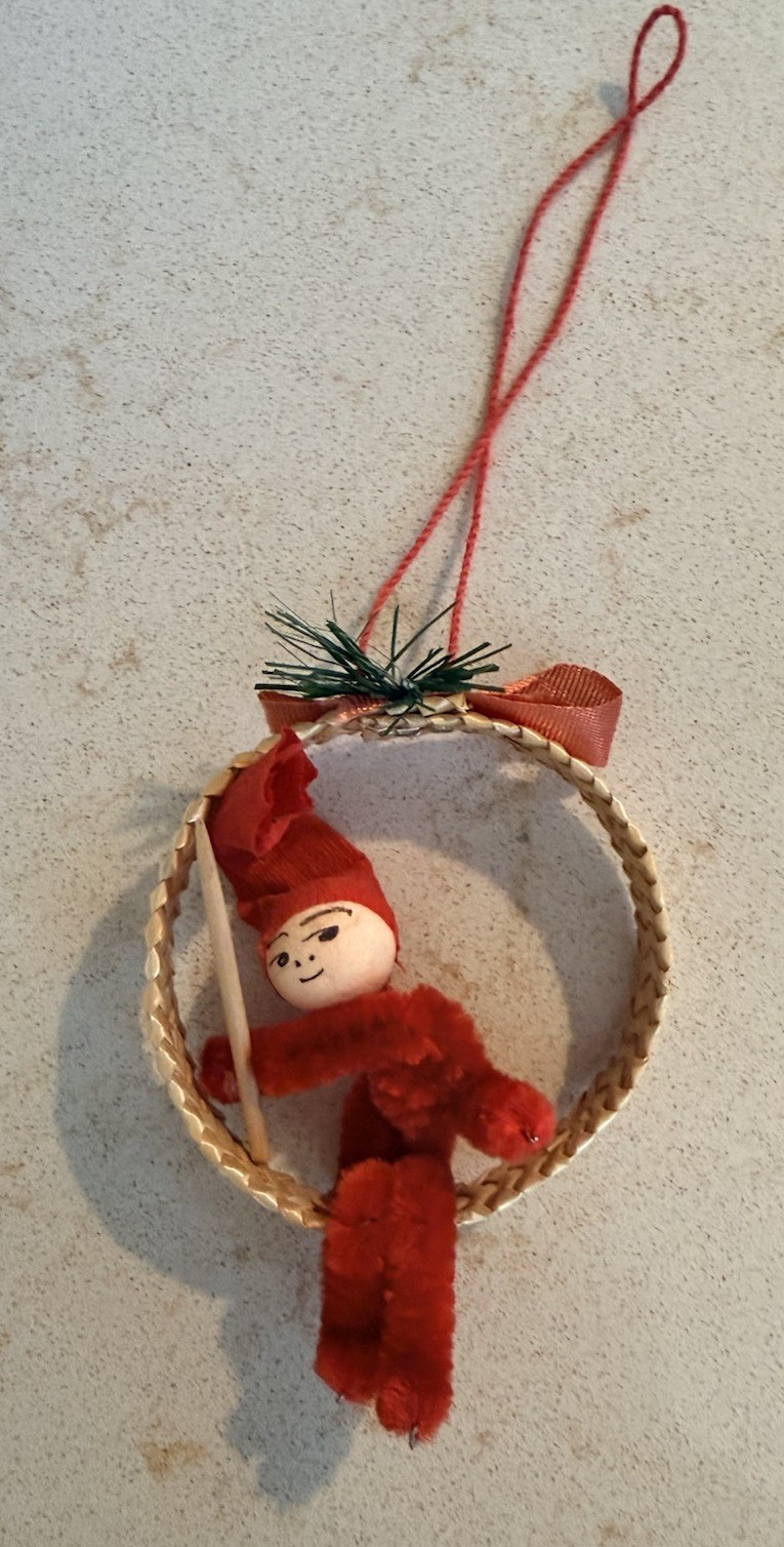 Vtg. Scandinavian Style Elf Christmas Ornament Spun Cotton Head Pipecleaner