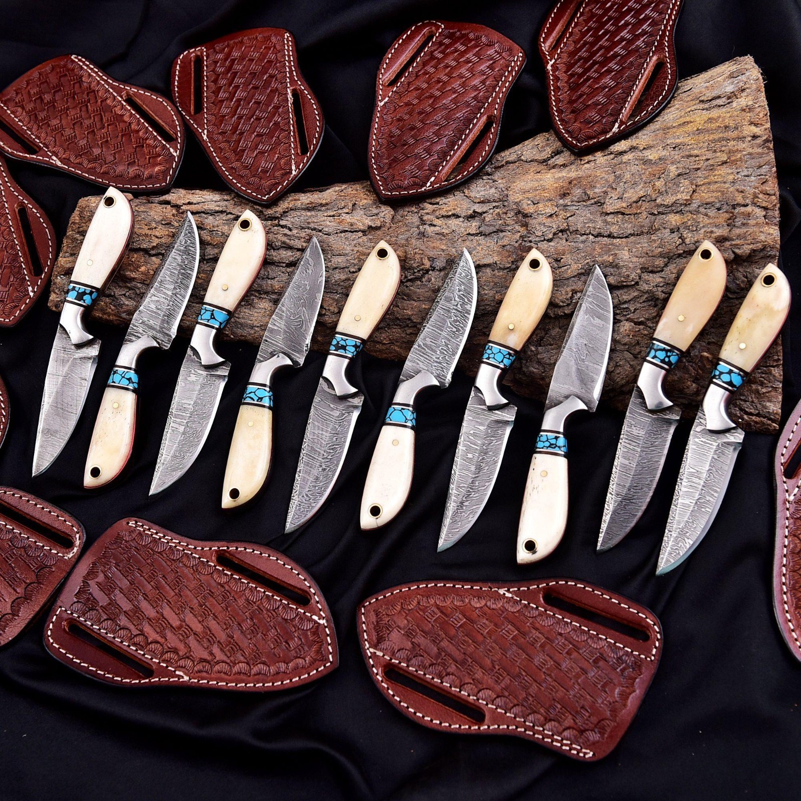 10 Pcs Handmade Damascus Skinner Knife Set Bone & Turquoise Handles W/Sheaths