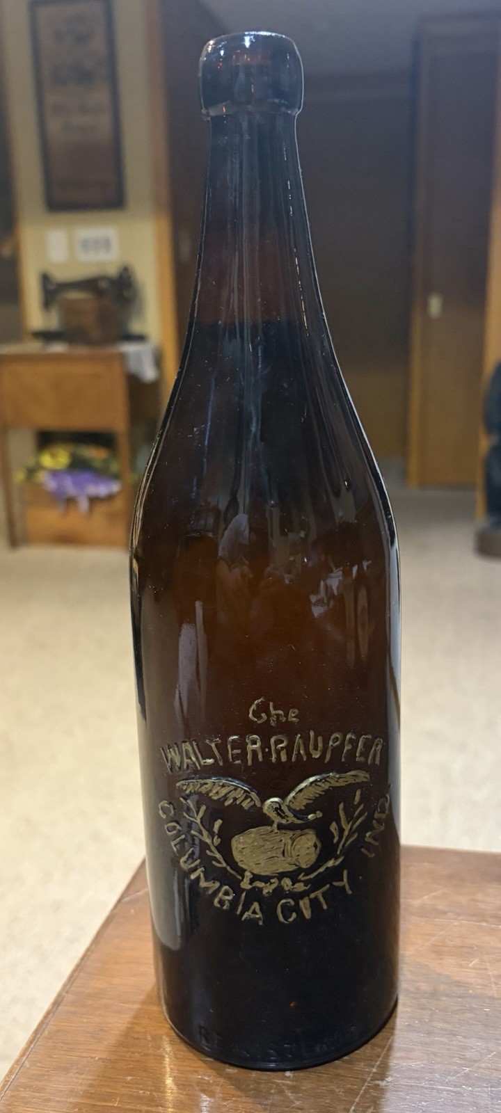 The Walter Raupfer Blob Amber Beer Bottle, Columbia City, Indiana- Near Perfect