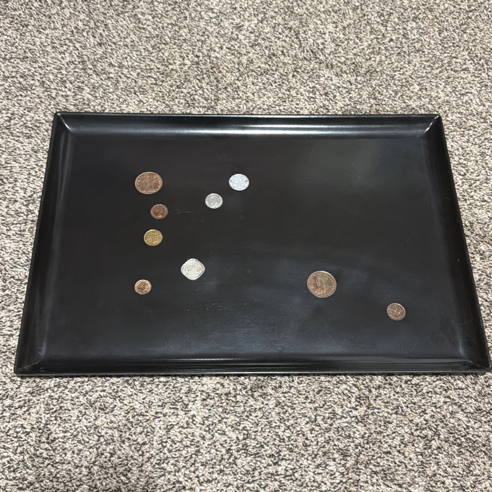 vintage Couroc of Monterey black resin serving tray W/ hand-inlaid foreign coins