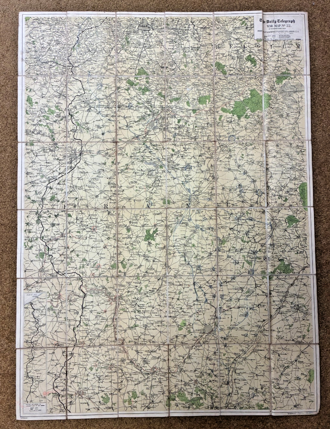 1918 WWI Daily Telegraph Linen‑Backed War Map No.22 France & Belgium
