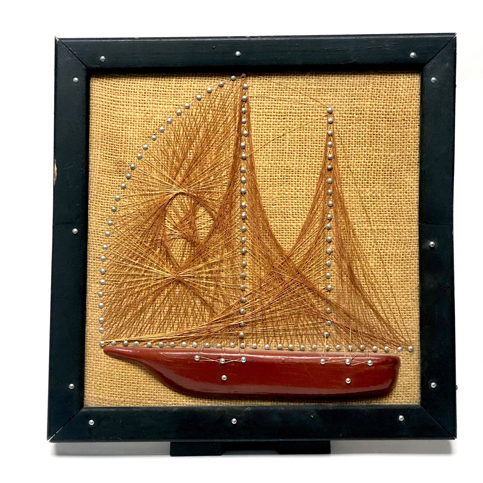 Vtg Mid Century Modern Copper Wire String Art Sailboat Ship Burlap Framed MCM