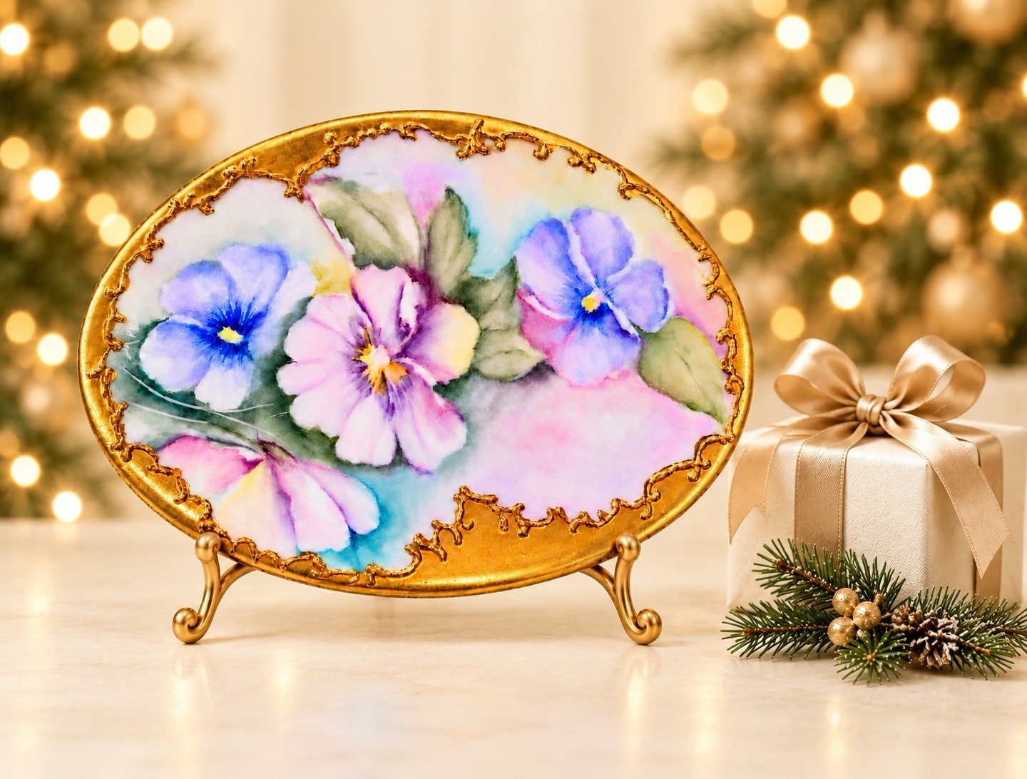 Antique Victorian Wheeling Pottery Hand Painted Pansy Plaque Gold Filigree