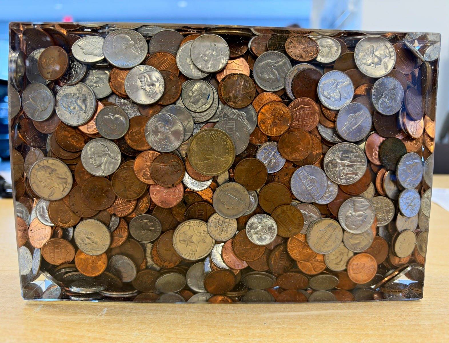 Epoxy Paperweight Display Block with Assorted US Coins 9”x6”x2” 1 of a kind