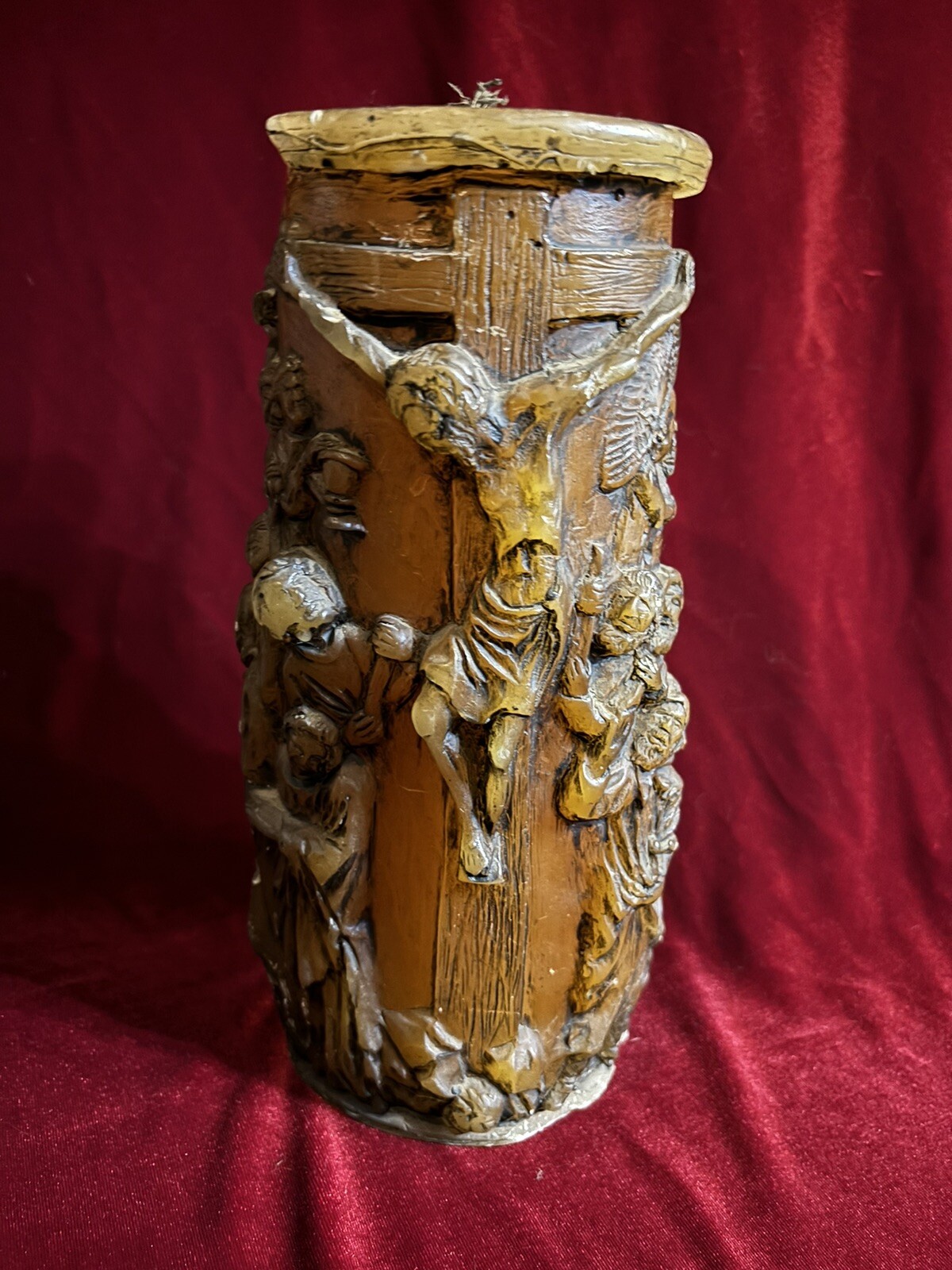 Antique Old 18-19th C ?Religious Large Candle Carving Jesus Crucifixes Wax Altar