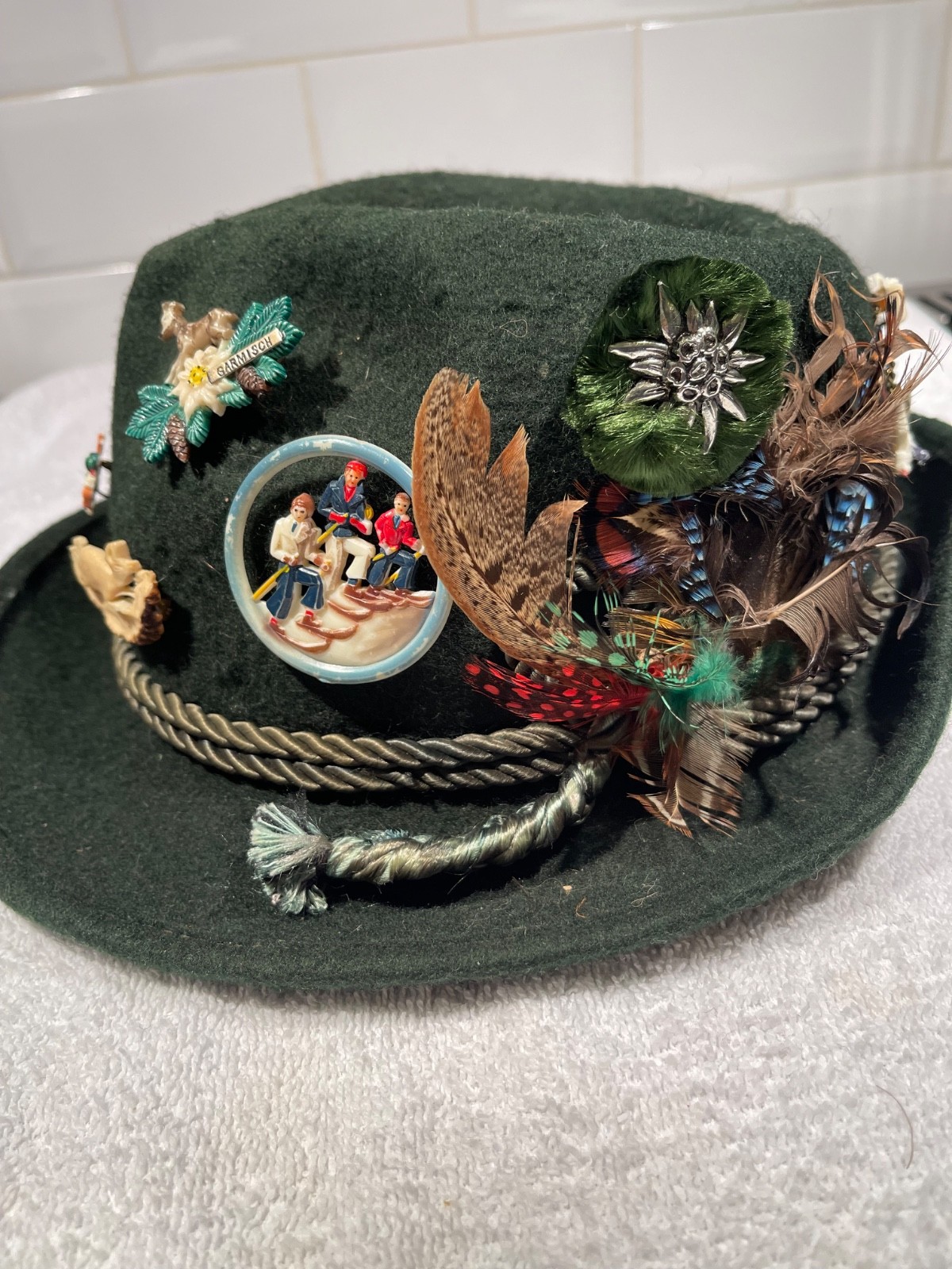 Vintage Bavarian Tirolean Oktoberfest Hat with Feathers + 12 Rare Pins (Size 54)