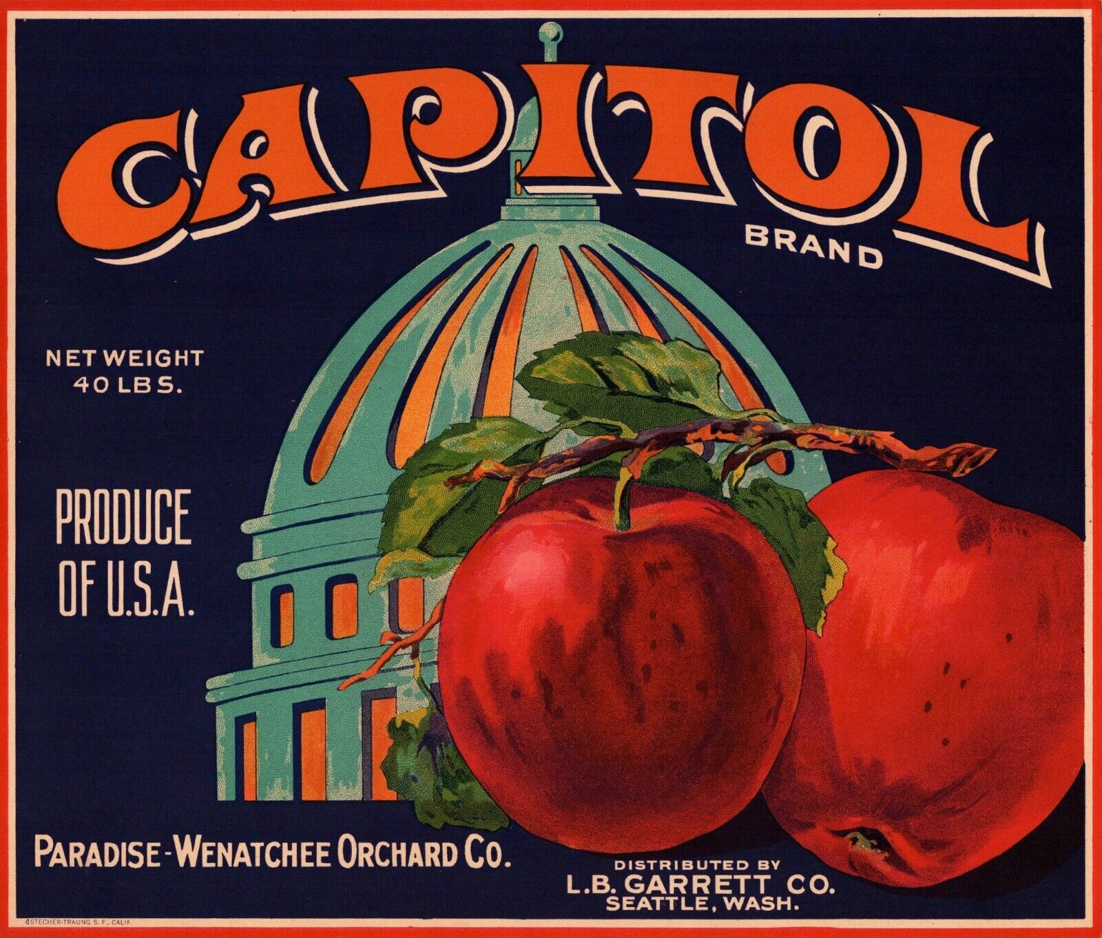 5 Vintage CAPITOL Brand 1920's Apple Fruit Crate Labels Wenatchee, Washington