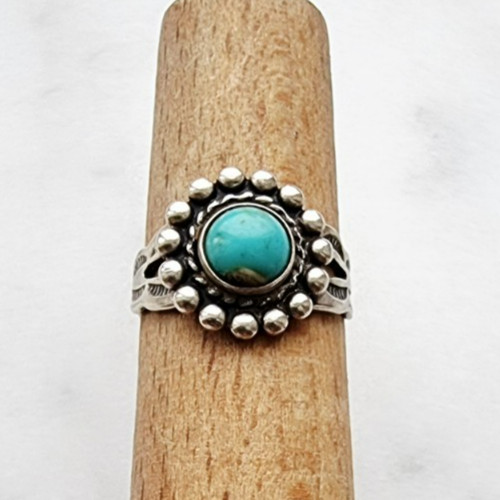 BELL TRADING POST VINTAGE 925 STERLING SILVER 6 mm. TURQUOISE SUN RING SIZE 4