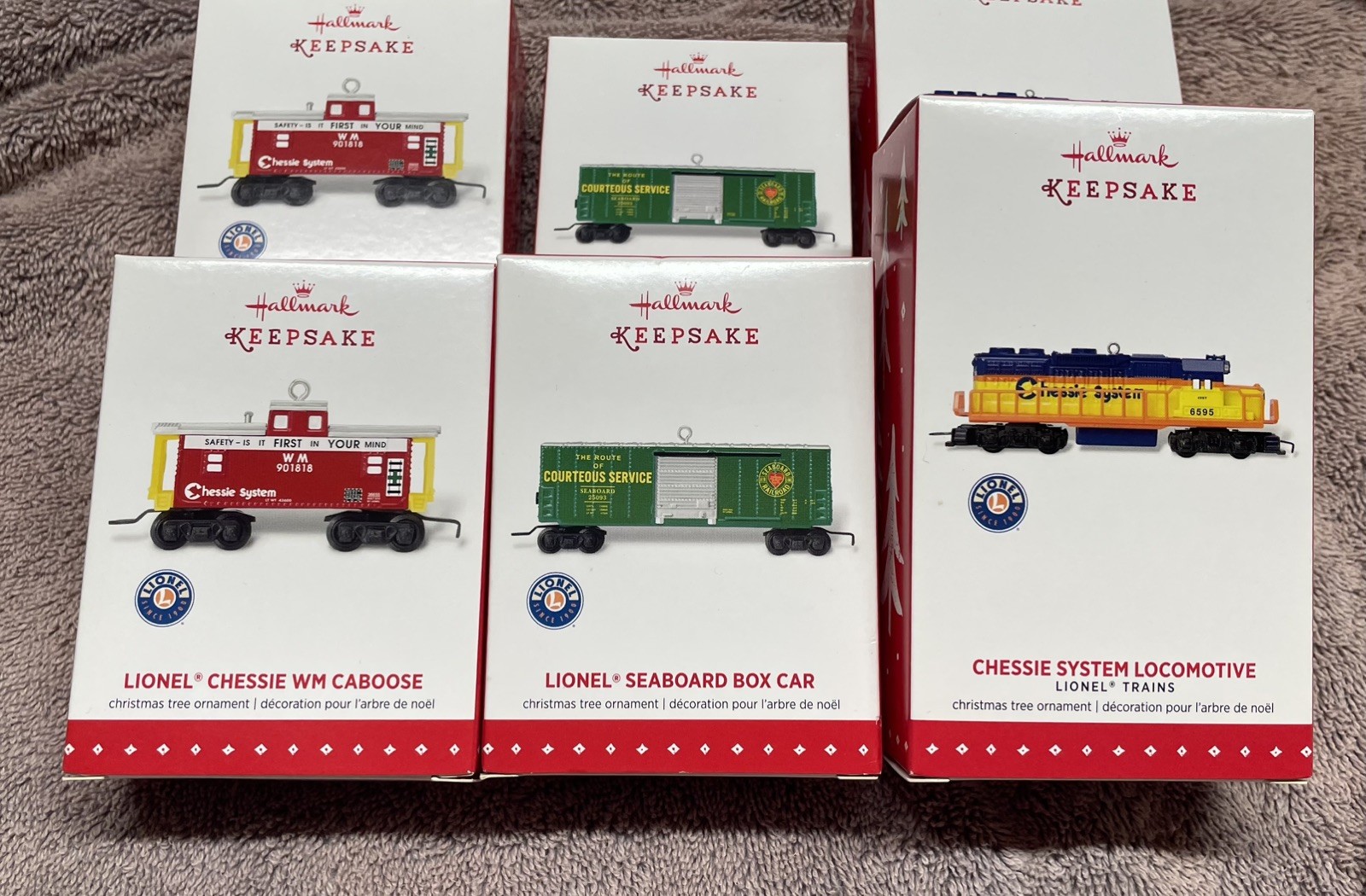 2015 Hallmark Lionel Chessie Locomotive, Box Car, Caboose Lot x 3 Ornaments New
