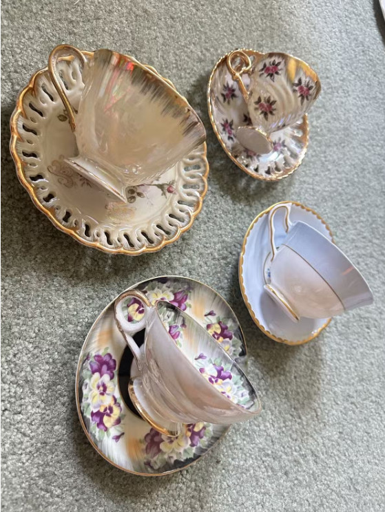 Lot of 4 Vintage Mismatched Teacup & Saucer Sets Floral Gold Luster Booths Engla
