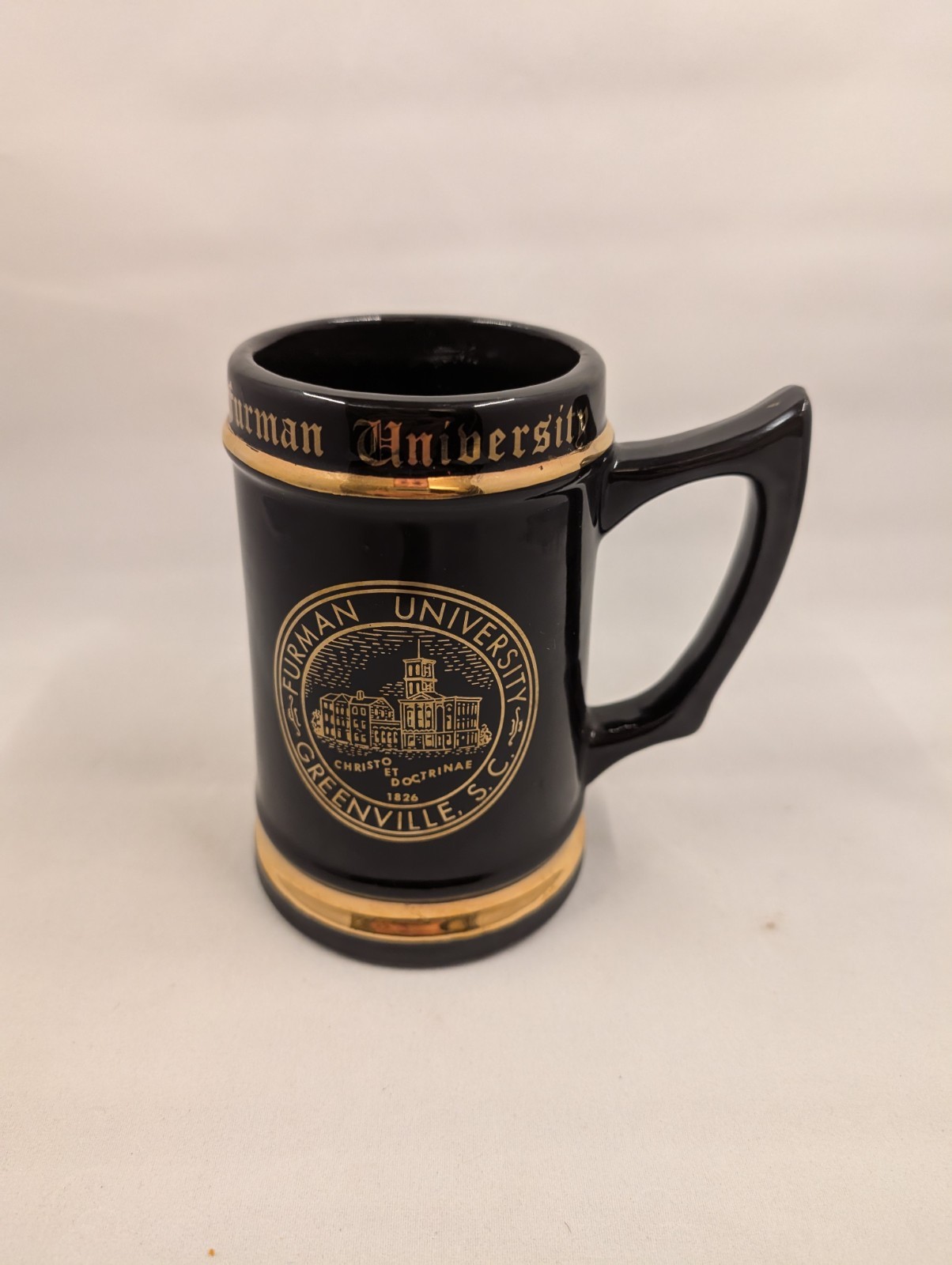 Furman University Black Ceramic Mug Greenville SC Gold Trim Vintage USA Hefty 