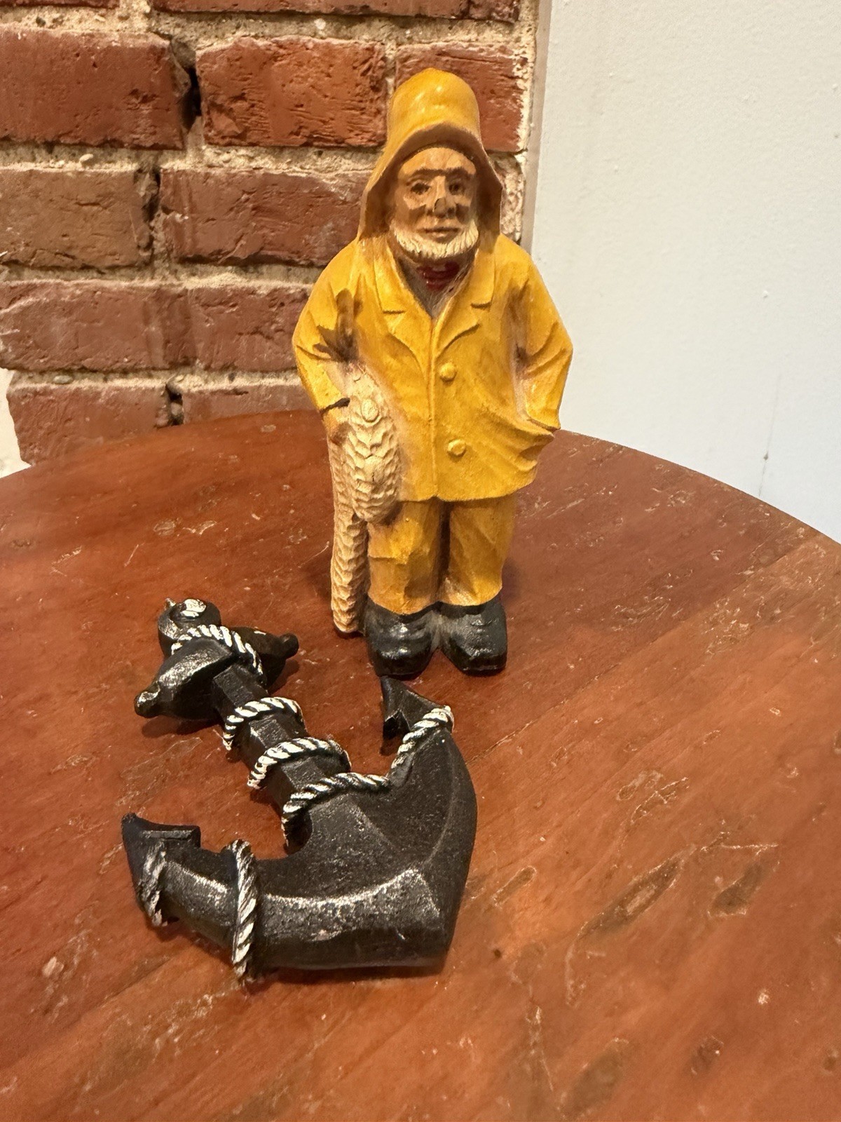 Vintage Hand Carved Wood Fisherman in Slicker Figurine & Nautical Anchor Decor