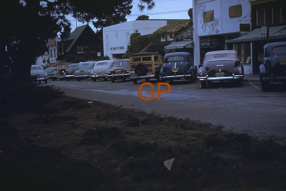 XX113-Old 35mm Slide Photo- Carmel California Street Scene -Red Kodachrome 1948