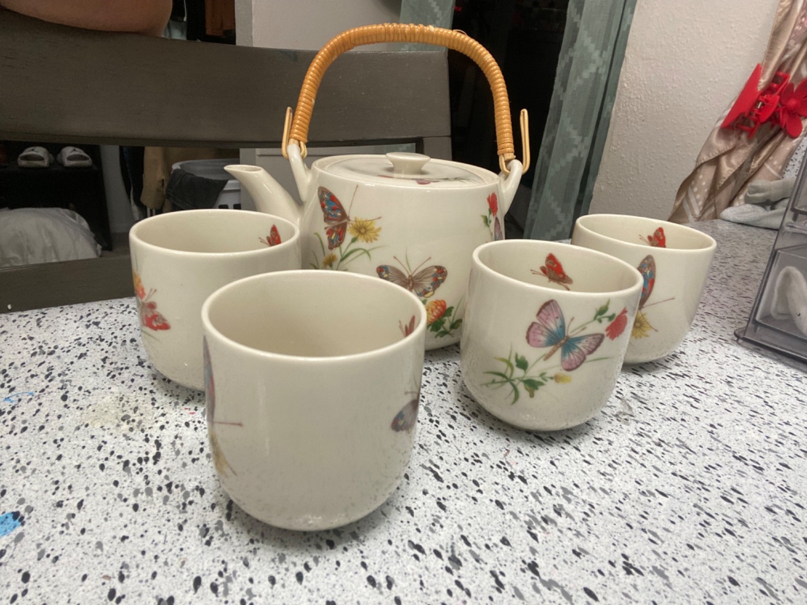 Vtg Takahashi San Francisco  Butterfly Tea Set 5pc Porcelain  DEW Pattern Japan