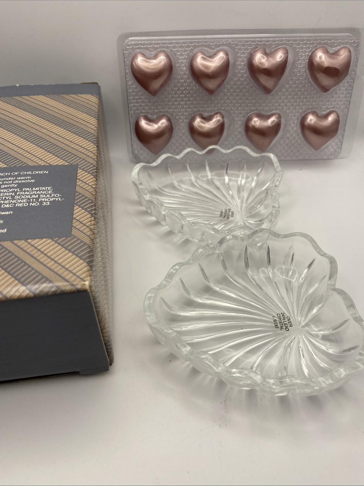 Vintage Avon From the Heart Crystal Heart Covered Dish Bath Pearls Gift Set NOS