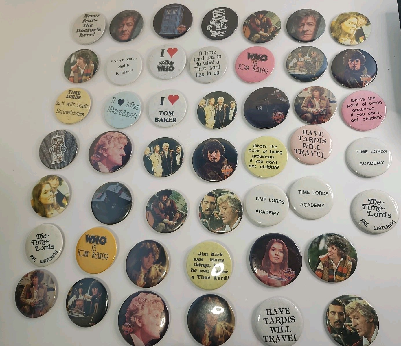 Vintage 1980\'s Set of 47 BBC Licensed DOCTOR WHO 1.25  Inch Buttons Pins