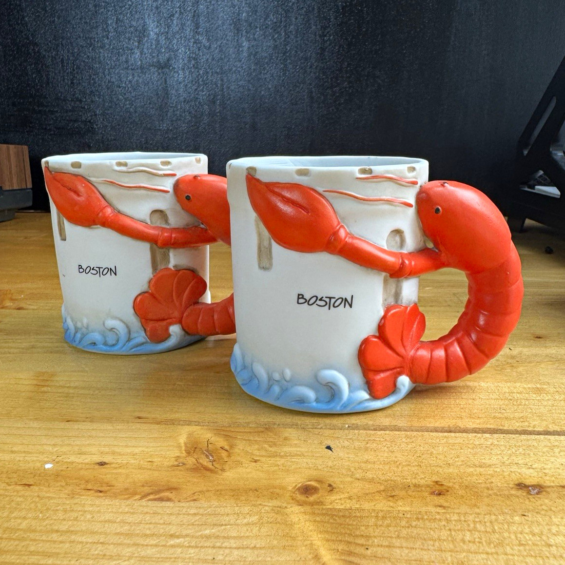 Vintage 1987 Nanco Boston Lobster Handle Mug Set of 2 Nancy Sales Co Ceramic Vtg