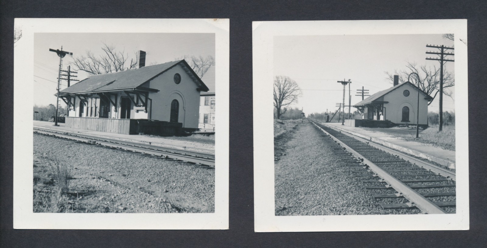 Lot of 2 Vtg c1947 Snapshot Photos Norton Railroad Train Station Massachusetts