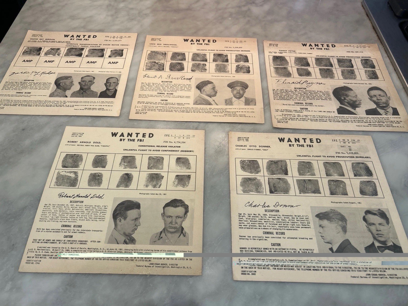 Original 1940s–50s FBI “Wanted by the FBI” Fugitive Circulars Lot of 5