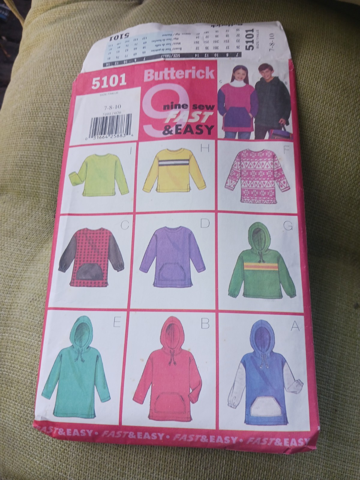 Butterick Pattern 5101 Size 7 8 10 Unisex Loose Fitting Pullover Top W/WO Hood