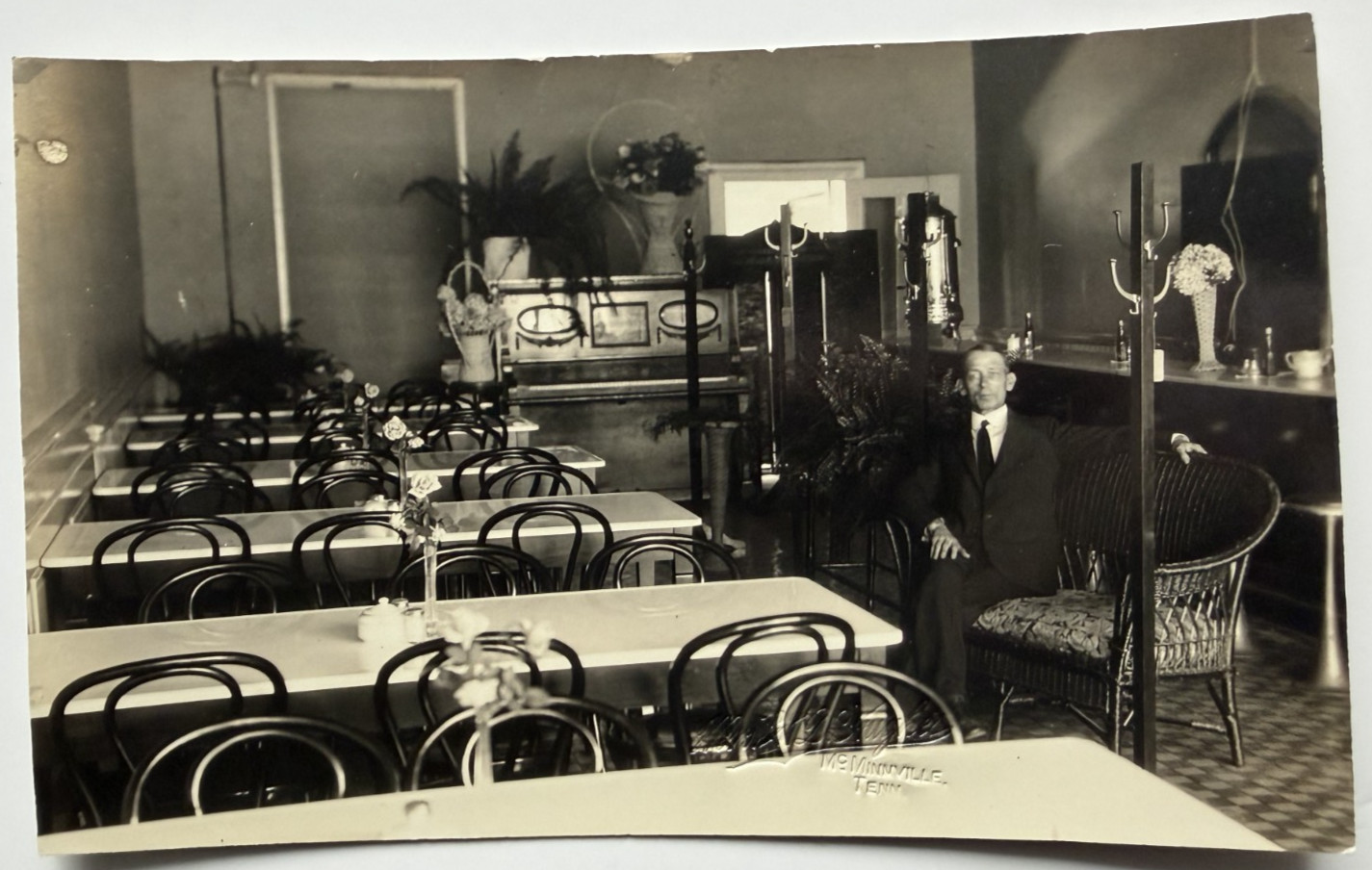 c1920s RPPC Dining Room Interior McMinnville Tennessee Dapper Man Postcard