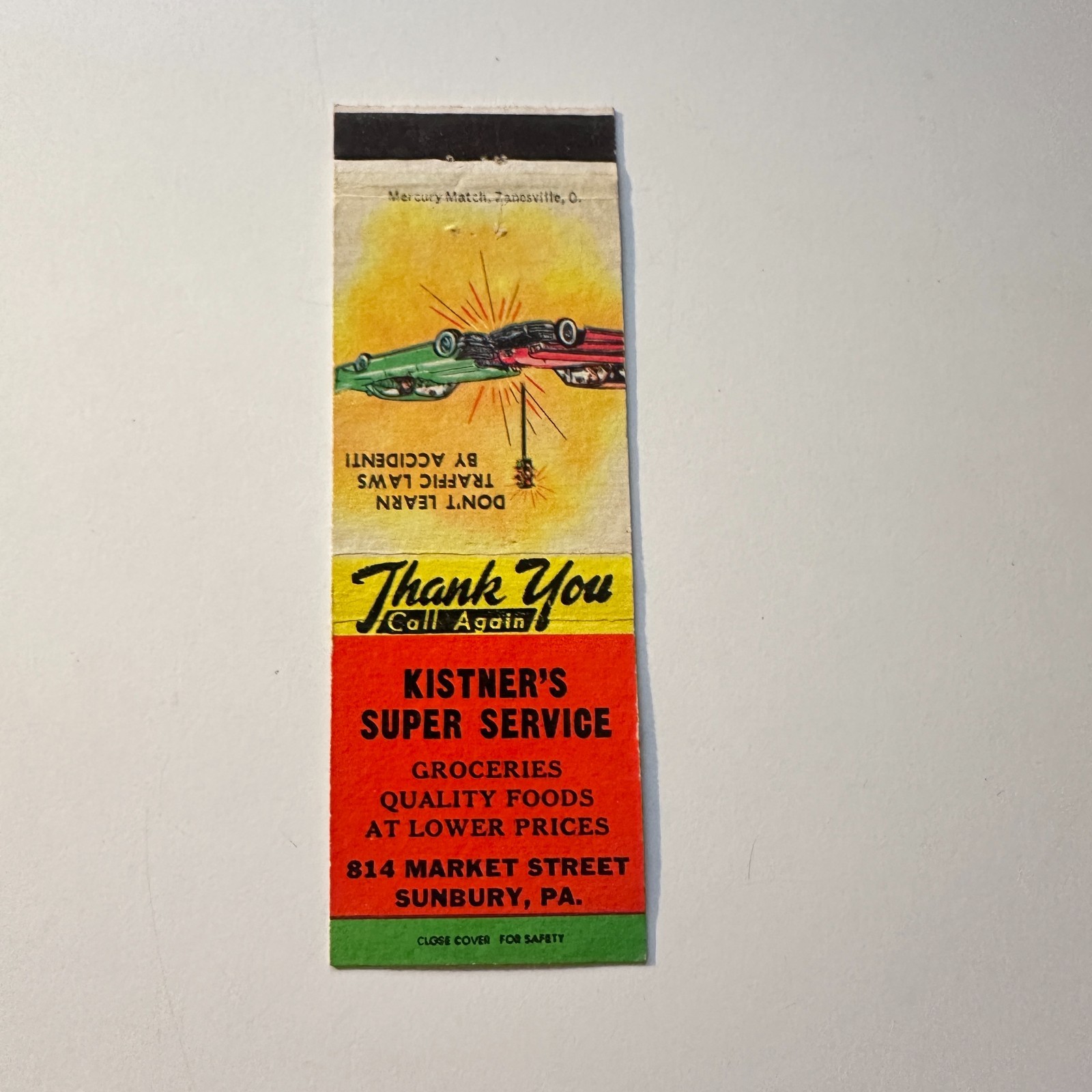 Kistner\'s Super Service Groceries Sunbury PA Vintage Matchbook Cover 5MB126-3-3