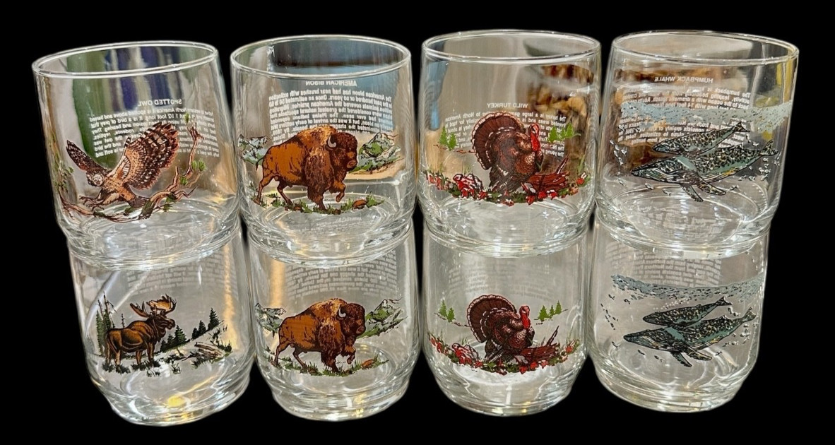 VINTAGE LIBBEY SUNOCO AMERICAN WILDLIFE 12 OZ PROMOTIONAL GLASSES SET OF 8