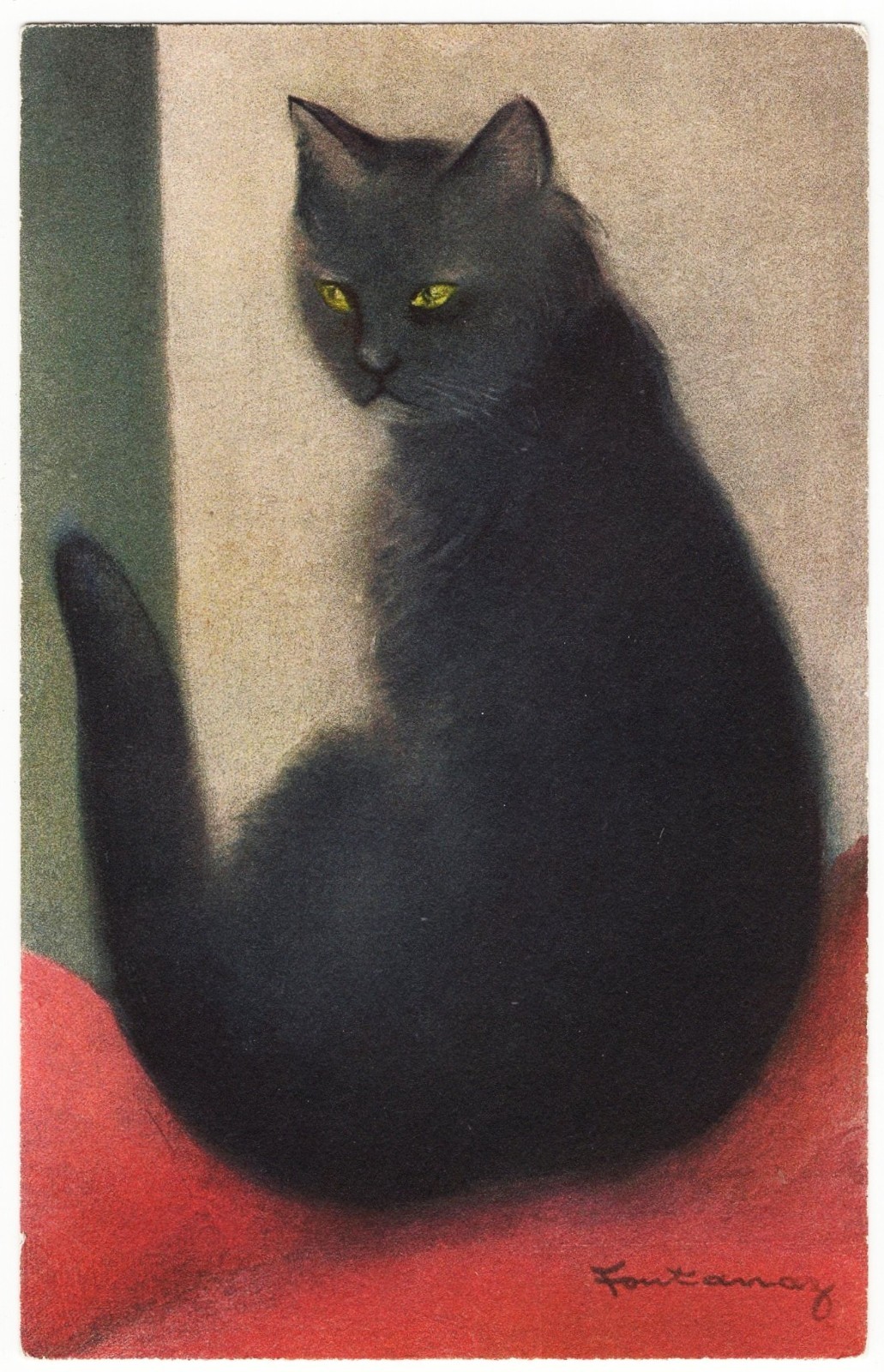 Black Cat With Green Eyes artist signed 1940s postcard