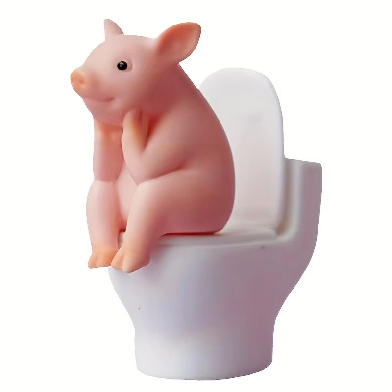 **Cute Little Pig Sitting on Toilet Figurine - Table Desk & Wall Home Decor Gift