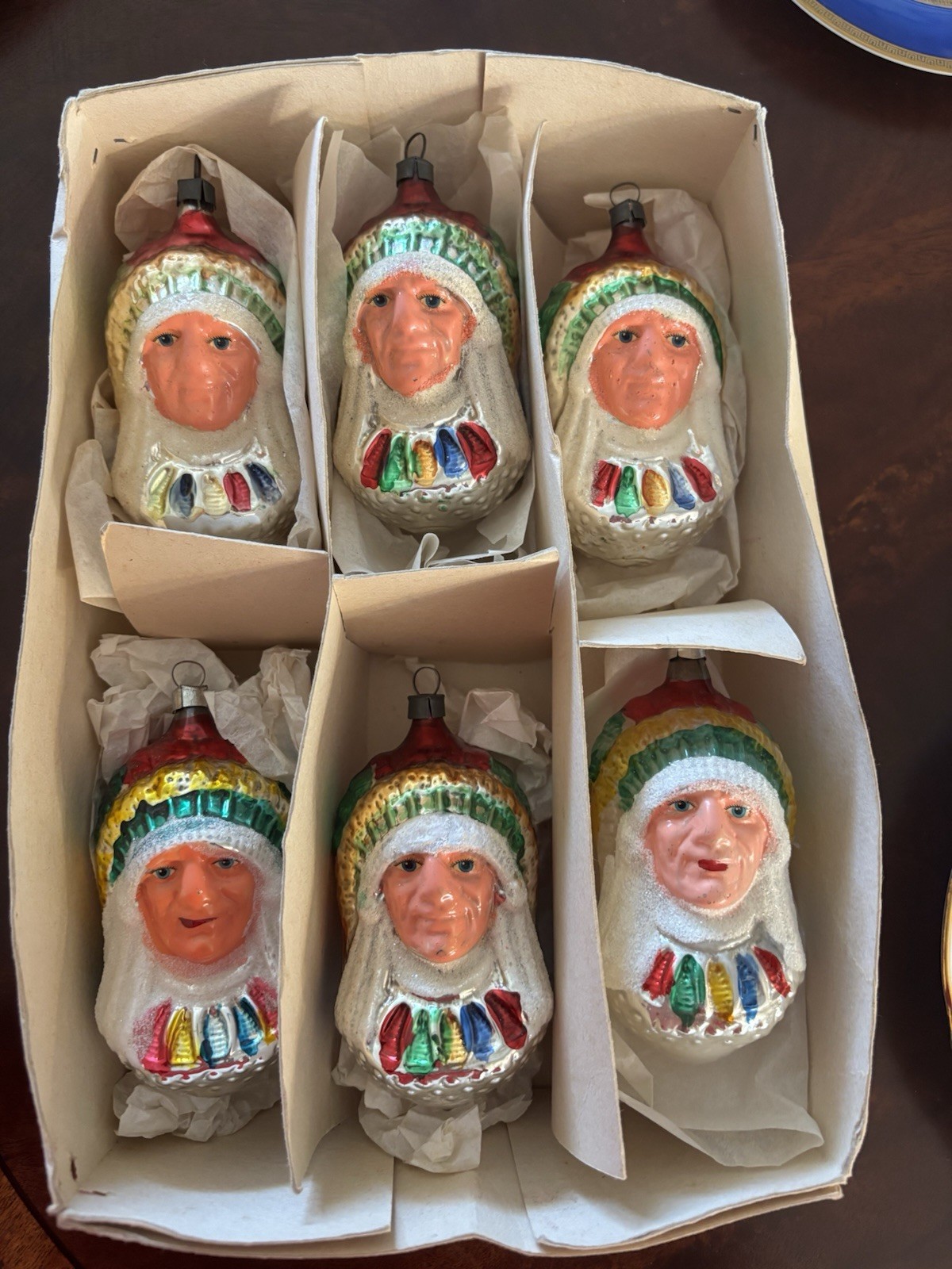 6 Incredible RARE Vintage 1950s Mercury Glass Christmas Indian Chief Ornaments