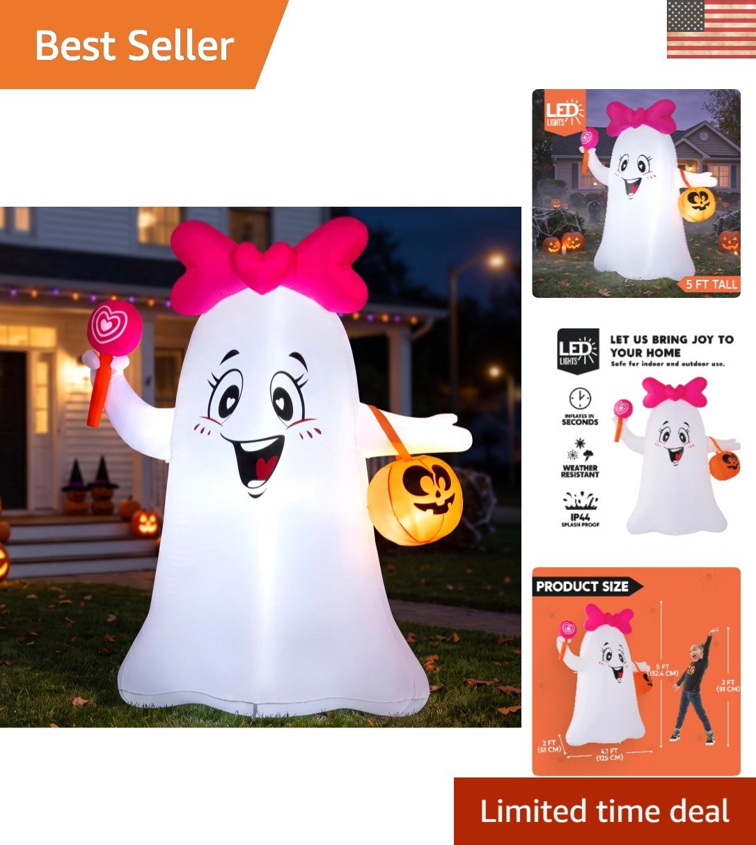 Adorable 5FT Halloween Inflatable Ghost with LED Lights for Indoor & Outdoor Fun