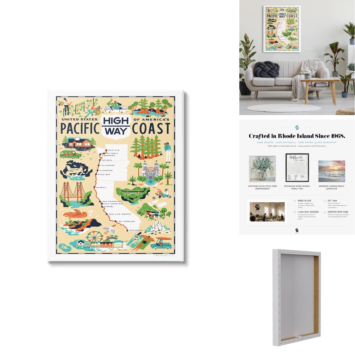 Stupell Industries US Pacific Coast Highway Pale Yellow Illustrated Scenic Map